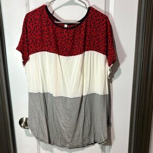 Emerald Red Leopard and Striped Short Sleeve Top - NWOT